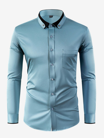 スチールブルーメンズ 長袖 ストレッチシャツ ダイヤモンドボタン 無地 スリムフィットシャツ