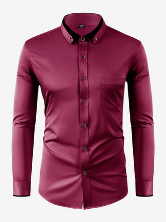 ワインレッド メンズ 長袖 ストレッチシャツ ダイヤモンドボタン 無地 スリムフィットシャツ