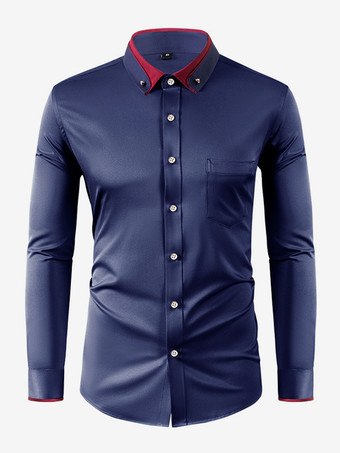 ダークネイビーメンズ 長袖 ストレッチシャツ ダイヤモンドボタン 無地 スリムフィットシャツ