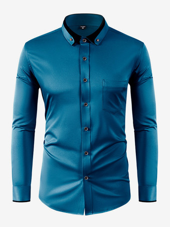 ブルーグリーンメンズ 長袖 ストレッチシャツ ダイヤモンドボタン 無地 スリムフィットシャツ