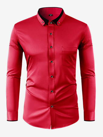 レッド メンズ 長袖 ストレッチシャツ ダイヤモンドボタン 無地 スリムフィットシャツ
