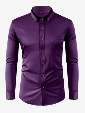 パープル メンズ 長袖 ストレッチシャツ ダイヤモンドボタン 無地 スリムフィットシャツ