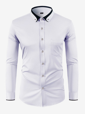 ホワイト メンズ 長袖 ストレッチシャツ ダイヤモンドボタン 無地 スリムフィットシャツ