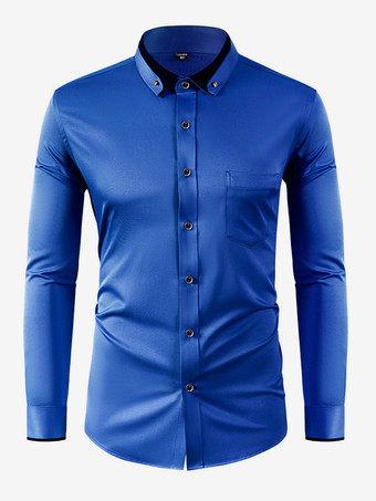 ディープブルーメンズ 長袖 ストレッチシャツ ダイヤモンドボタン 無地 スリムフィットシャツ