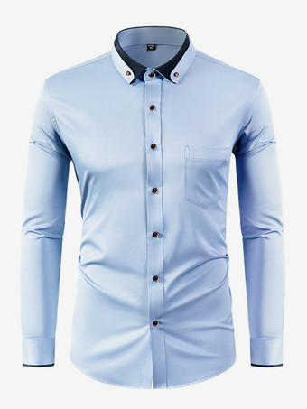 ライトスカイブルーメンズ 長袖 ストレッチシャツ ダイヤモンドボタン 無地 スリムフィットシャツ