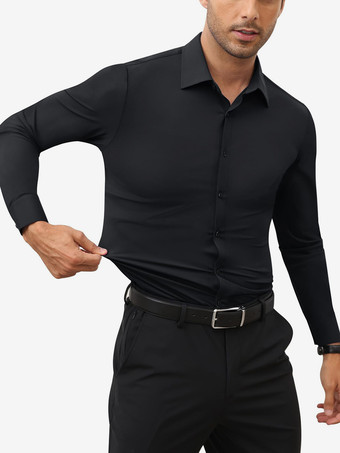 メンズ ビジネスカジュアル 長袖 ストレッチシャツ 無地シャツ