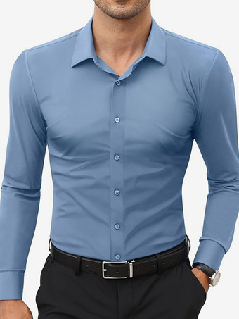スチールブルーメンズ ビジネスカジュアル 長袖 ストレッチシャツ 無地シャツ