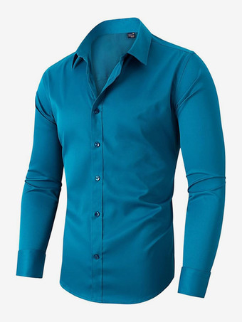 ブルーグリーンメンズ ビジネスカジュアル 長袖 ストレッチシャツ 無地シャツ