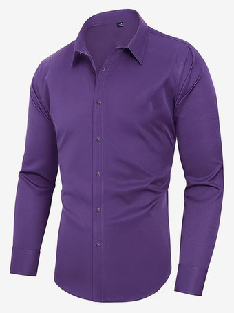 パープル メンズ ビジネスカジュアル 長袖 ストレッチシャツ 無地シャツ