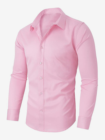 ピンクメンズ ビジネスカジュアル 長袖 ストレッチシャツ 無地シャツ