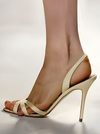 ベージュサテンハイヒールサンダル オープントゥデザイン スティレットヒール ウェディングシューズ