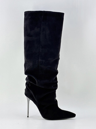 スエードニーハイブーツ レディース ポインテッドトゥ スラウチハイヒールブーツ