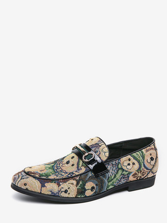 ブルー メンズ ビットローファー スリッポン ローヒール ラウンドトゥ アニマルプリント モカシンシューズ