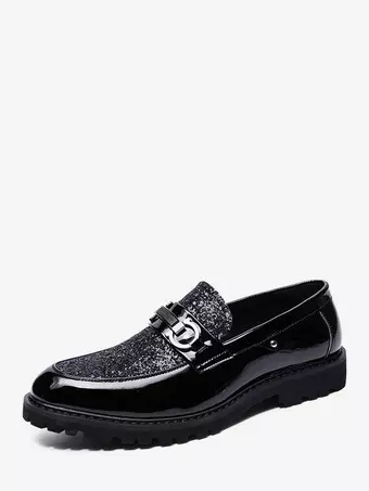 black shiny dress shoes for men Men Black Shiny Patent Leather Loafers Slipon Shoes With Hand Embroidery | Groom Shoes
