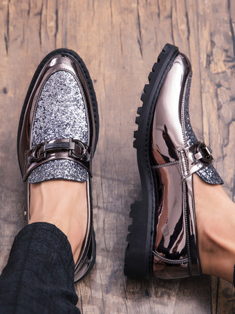 メンズ ビットローファー 光沢のあるポインテッドトゥ スリッポン ドレスシューズ