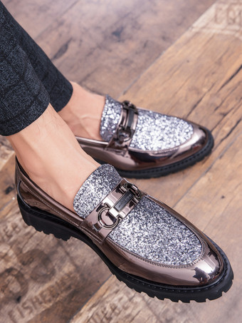 メンズ ビットローファー 光沢のあるポインテッドトゥ スリッポン ドレスシューズ