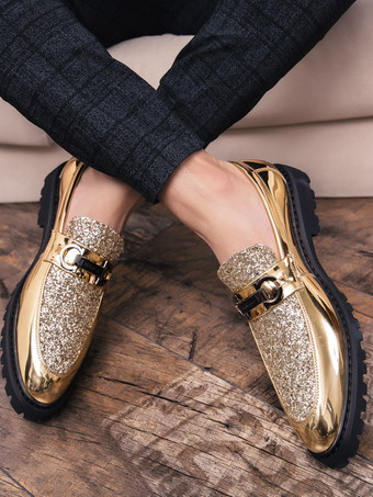 メンズ ビットローファー 光沢のあるポインテッドトゥ スリッポン ドレスシューズ