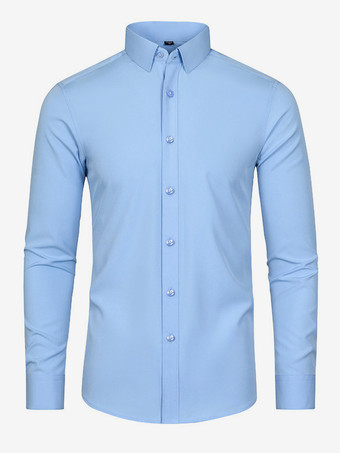 ライトスカイブルーメンズ 長袖シャツ ボタンダウン 伸縮性 無地 トップス