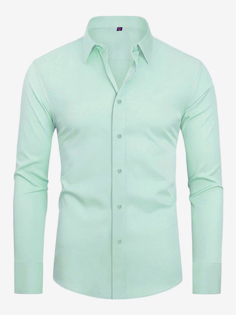 パステルグリーンメンズ 長袖シャツ ボタンダウン 伸縮性 無地 トップス
