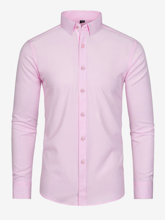 ピンクメンズ 長袖シャツ ボタンダウン 伸縮性 無地 トップス