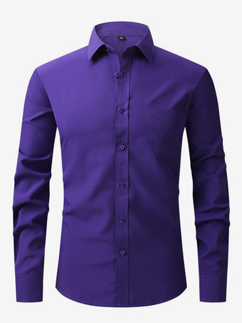 パープル メンズ 長袖シャツ ボタンダウン 伸縮性 無地 トップス