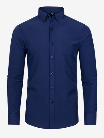 ダークネイビーメンズ 長袖シャツ ボタンダウン 伸縮性 無地 トップス