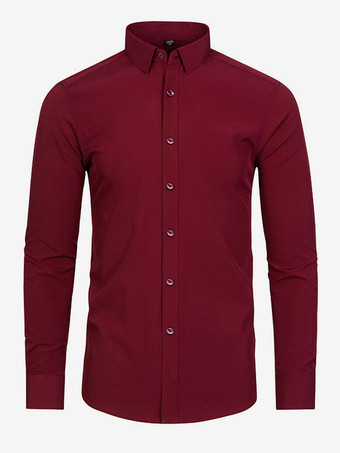 ワインレッド メンズ 長袖シャツ ボタンダウン 伸縮性 無地 トップス