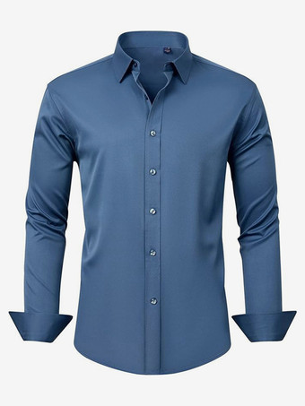 スチールブルーメンズ 長袖シャツ ボタンダウン 伸縮性 無地 トップス