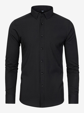 ブラック メンズ 長袖シャツ ボタンダウン 伸縮性 無地 トップス