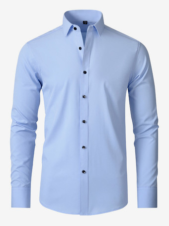 ライトスカイブルーメンズ 長袖シャツ スリムフィット ボタンダウン 無地 トップス