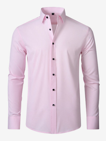 ピンクメンズ 長袖シャツ スリムフィット ボタンダウン 無地 トップス