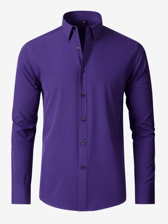 パープル メンズ 長袖シャツ スリムフィット ボタンダウン 無地 トップス