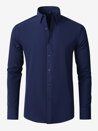 ダークネイビーメンズ 長袖シャツ スリムフィット ボタンダウン 無地 トップス