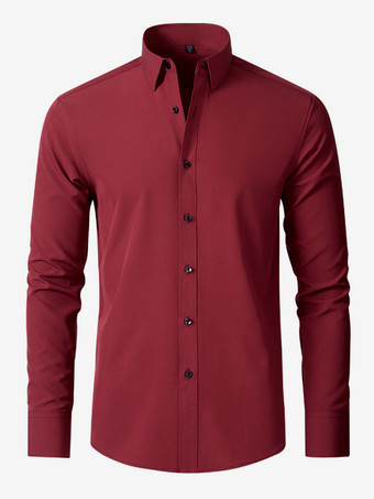 ワインレッド メンズ 長袖シャツ スリムフィット ボタンダウン 無地 トップス