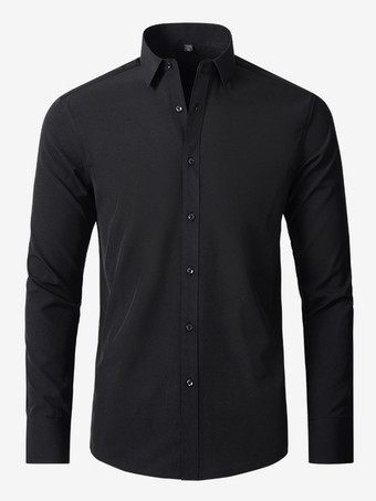 ブラック メンズ 長袖シャツ スリムフィット ボタンダウン 無地 トップス
