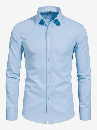 ライトスカイブルーメンズ 長袖シャツ 伸縮性ボタンダウン スリムフィット 無地シャツ