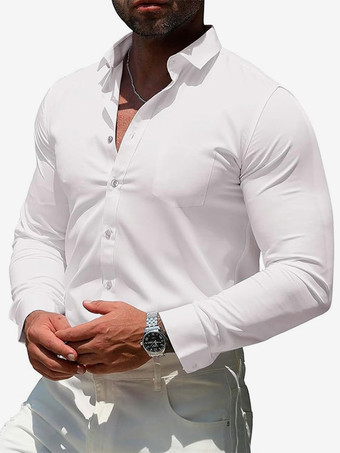 ホワイト メンズ 長袖シャツ 伸縮性ボタンダウン スリムフィット 無地シャツ