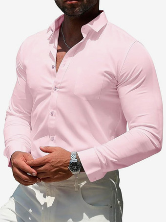 ピンクメンズ 長袖シャツ 伸縮性ボタンダウン スリムフィット 無地シャツ