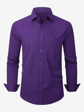 パープル メンズ 長袖シャツ 伸縮性ボタンダウン スリムフィット 無地シャツ