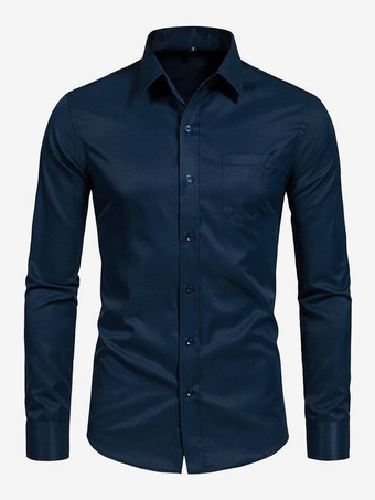 ダークネイビーメンズ 長袖シャツ 伸縮性ボタンダウン スリムフィット 無地シャツ