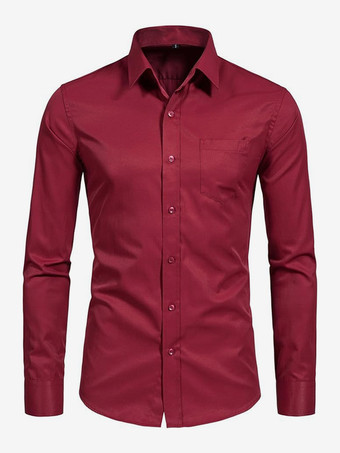 ワインレッド メンズ 長袖シャツ 伸縮性ボタンダウン スリムフィット 無地シャツ