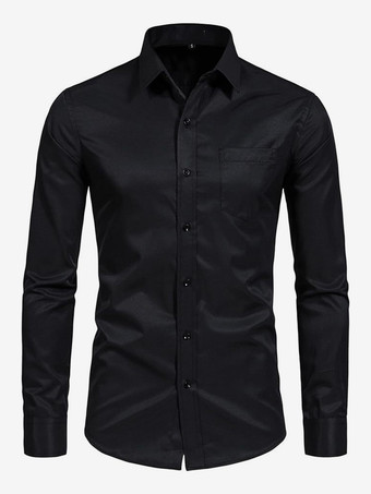 ブラック メンズ 長袖シャツ 伸縮性ボタンダウン スリムフィット 無地シャツ