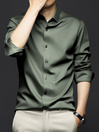 ハンターグリーン 男性用長袖シャツ シワになりにくくアイロン不要のアイスシルクシャツ