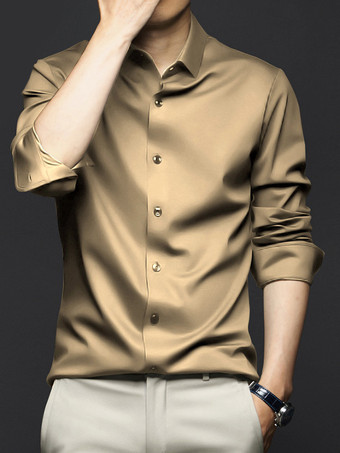 カーキ 男性用長袖シャツ シワになりにくくアイロン不要のアイスシルクシャツ