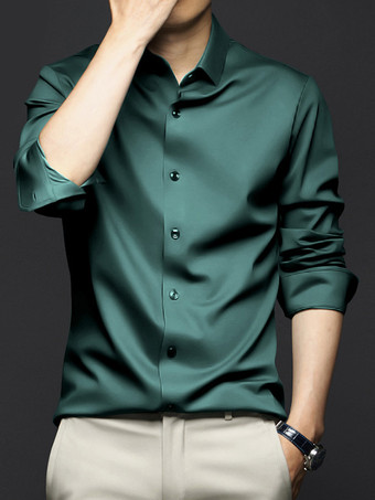 ダークグリーン男性用長袖シャツ シワになりにくくアイロン不要のアイスシルクシャツ
