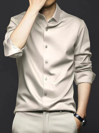 アプリコット男性用長袖シャツ シワになりにくくアイロン不要のアイスシルクシャツ