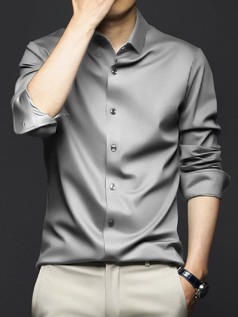 ライトグレー男性用長袖シャツ シワになりにくくアイロン不要のアイスシルクシャツ