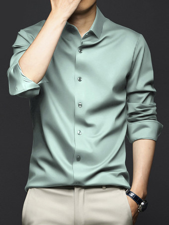 ライトグリーン 男性用長袖シャツ シワになりにくくアイロン不要のアイスシルクシャツ