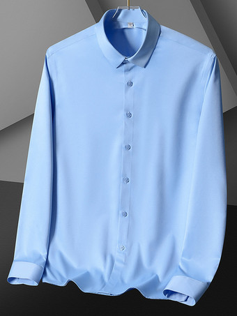 ライトスカイブルー男性用長袖シャツ シワになりにくくアイロン不要のアイスシルクシャツ