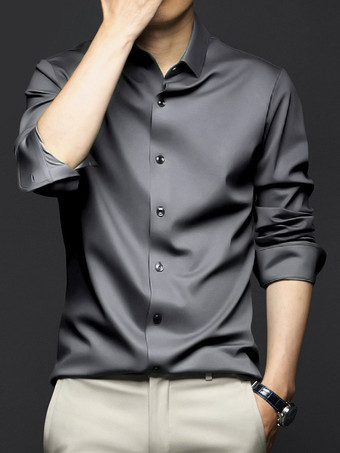 ダークグレー 男性用長袖シャツ シワになりにくくアイロン不要のアイスシルクシャツ